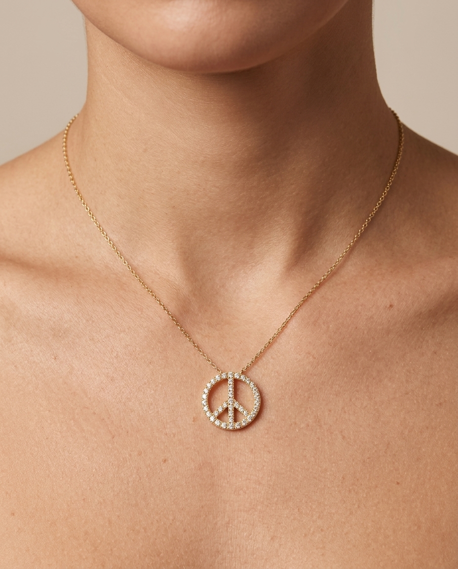 18KT Gold Diamond Peace Sign Necklace on model