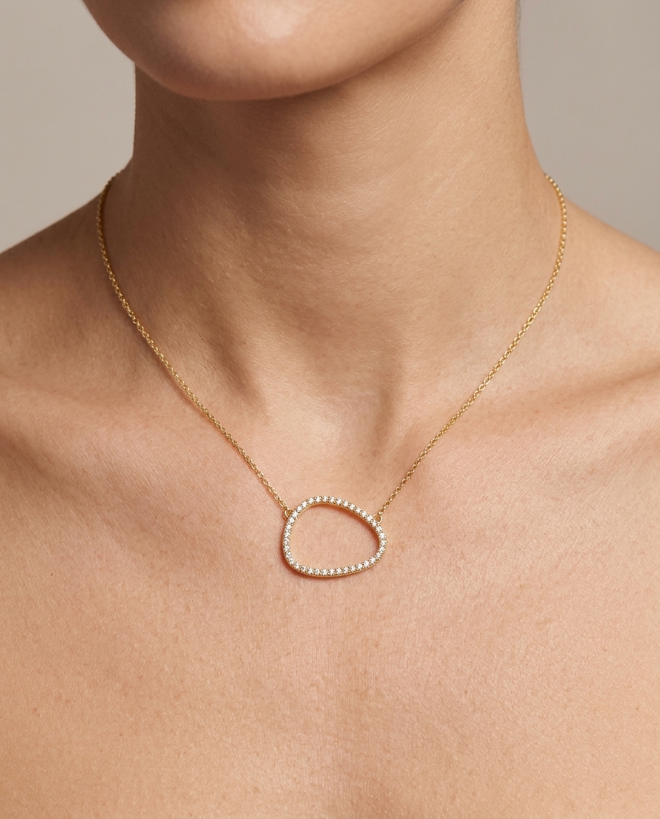 18KT Gold Diamond Open Egg Shape Necklace on model