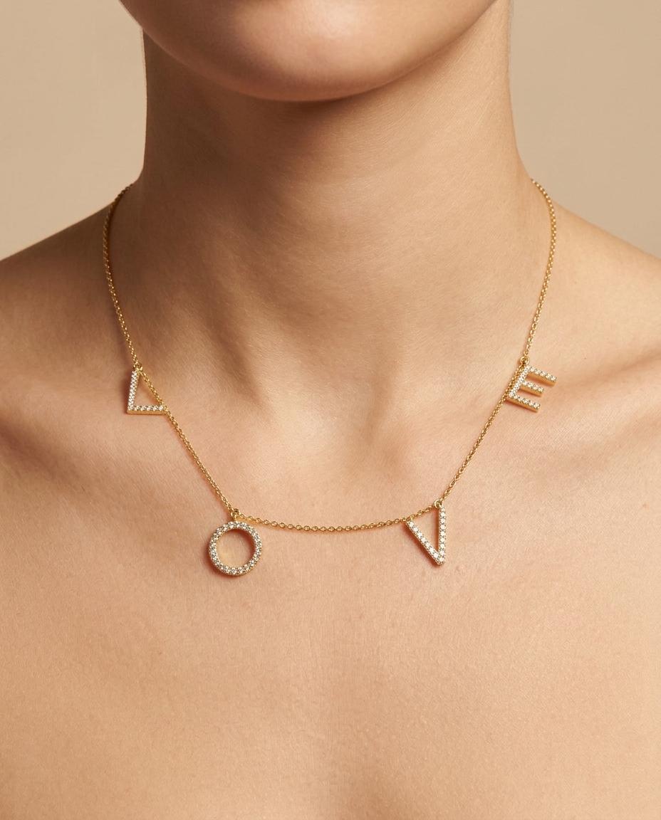 14KT Gold Love Necklace with Diamonds on model