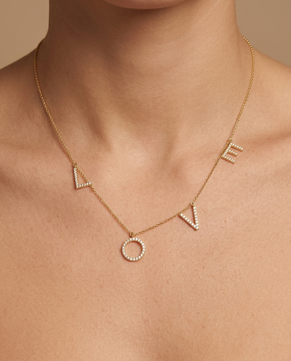 14KT Gold Love Necklace with Diamonds on model