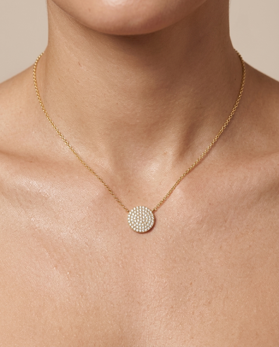 18KT Gold Diamond Round Necklace on model