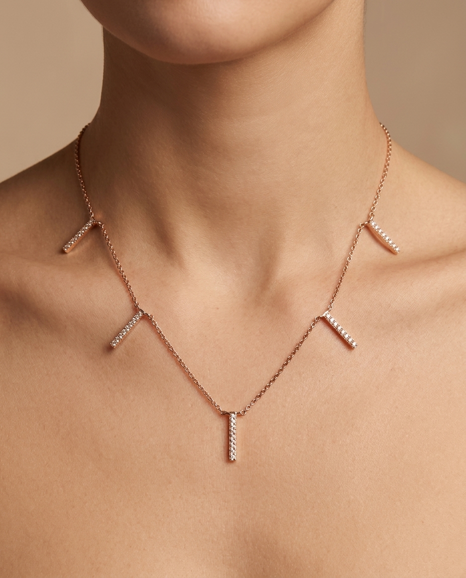 14KT Diamond Hanging Bar Necklace on model