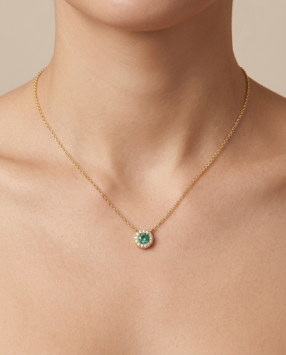 14KT Gold Emerald and Diamonds Necklace on model