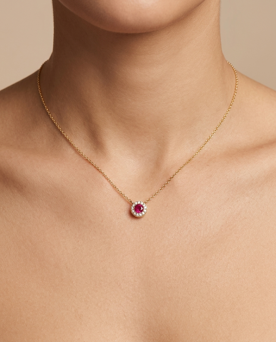 14KT Gold Ruby and Diamonds Necklace on model