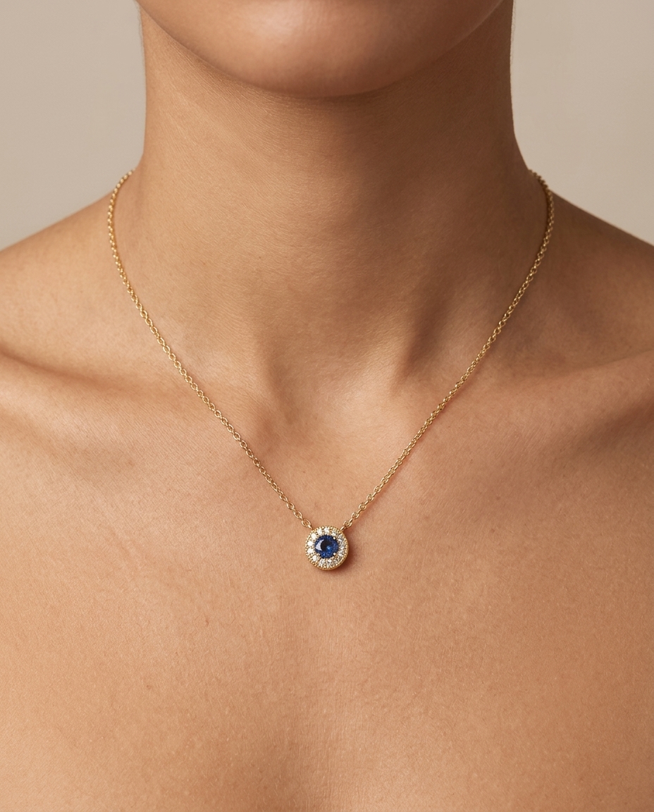 14KT Gold Blue Sapphire and Diamonds Necklace on model