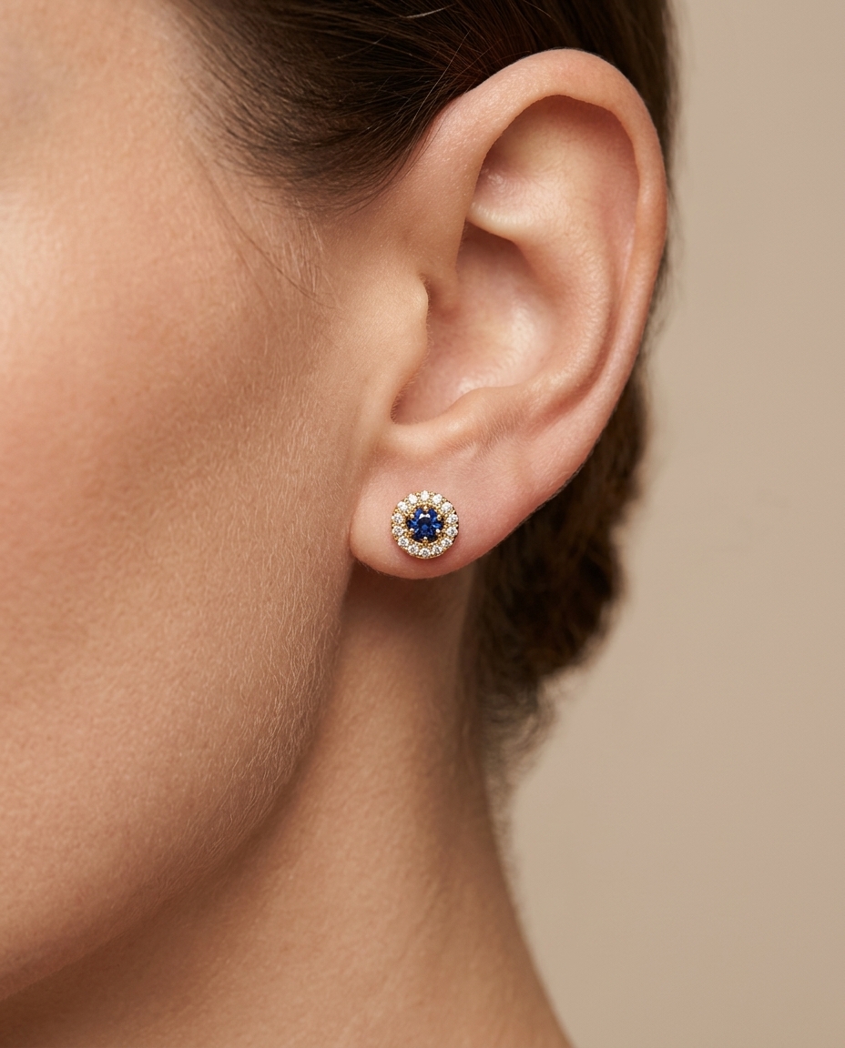 14KT Gold Blue Sapphire and Diamonds Stud Earring on model