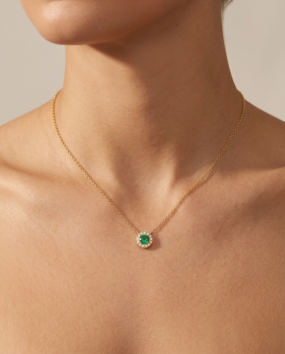 14KT Gold Emerald and Diamonds Necklace on model