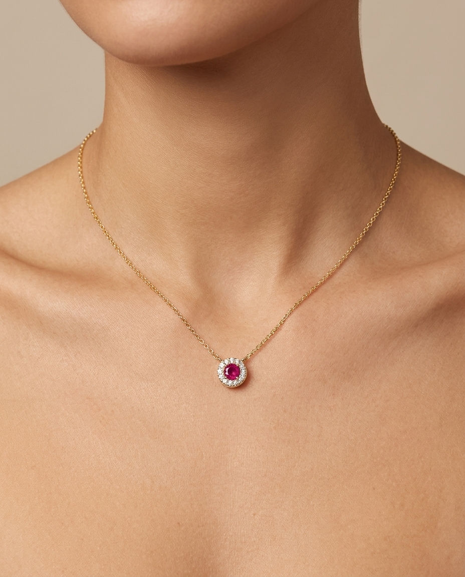 14KT Gold Ruby and Diamonds Necklace on model