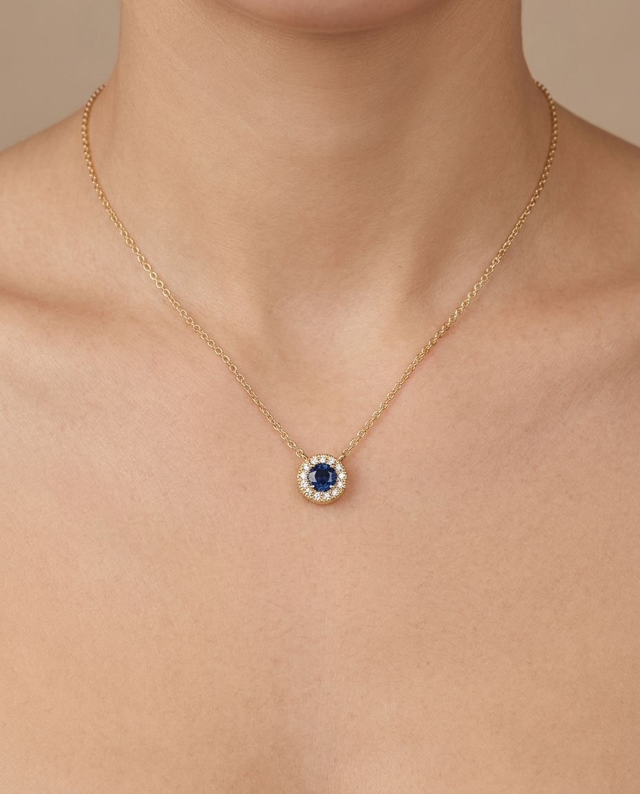 14KT Gold Blue Sapphire and Diamonds Necklace on model
