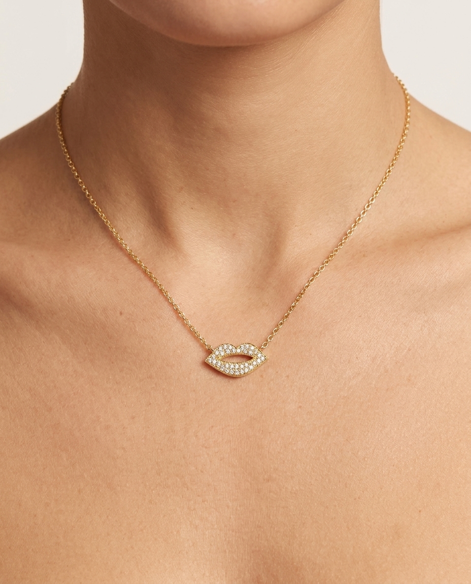 14KT Yellow Gold Lip Necklace with Diamonds on model