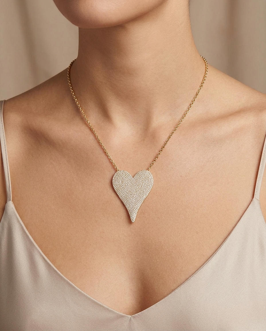14KT Gold Diamond Pointed Heart Necklace on model