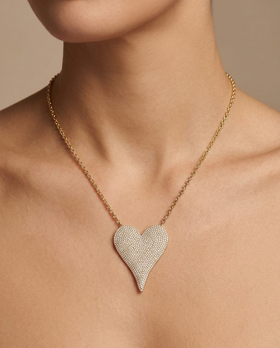14KT Gold Diamond Pointed Heart Necklace on model