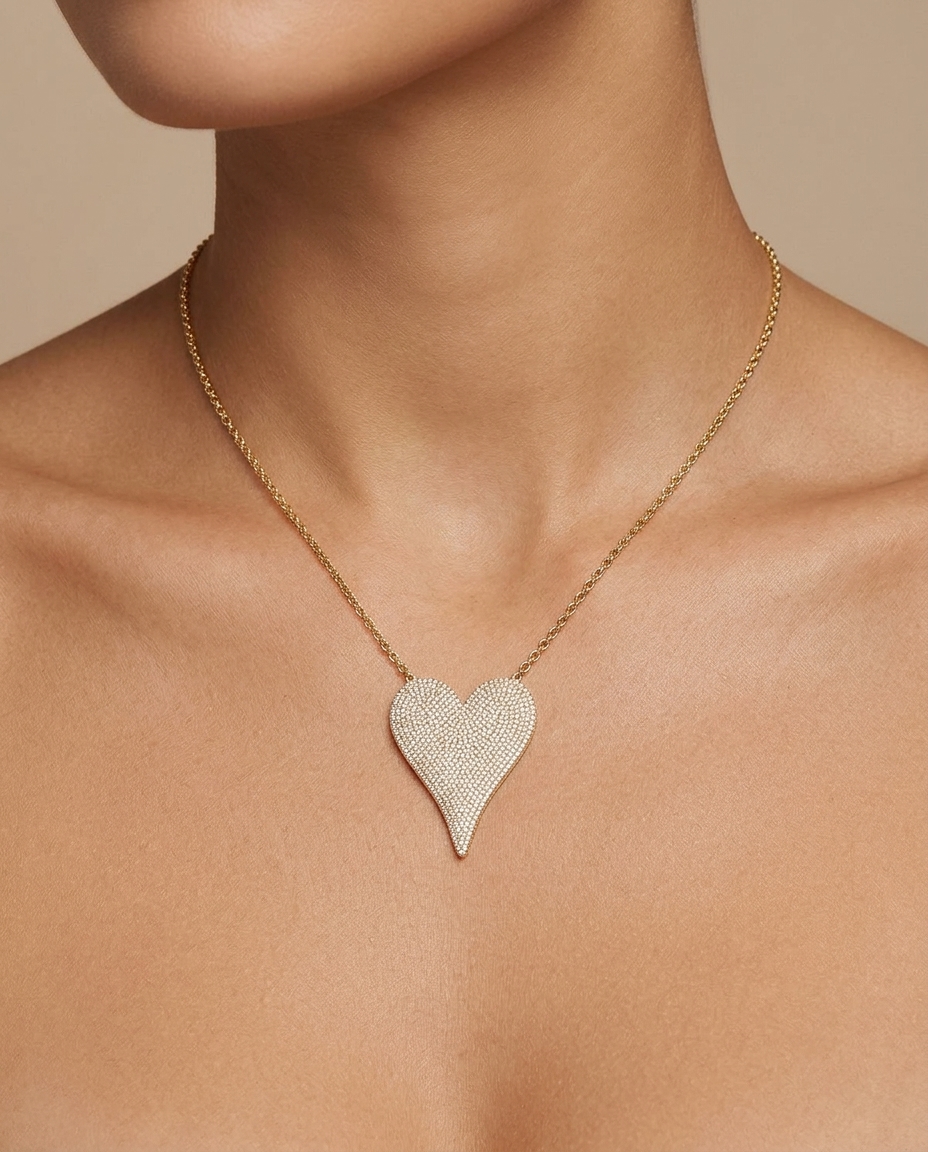 14KT Gold Diamond Pointed Heart Necklace on model