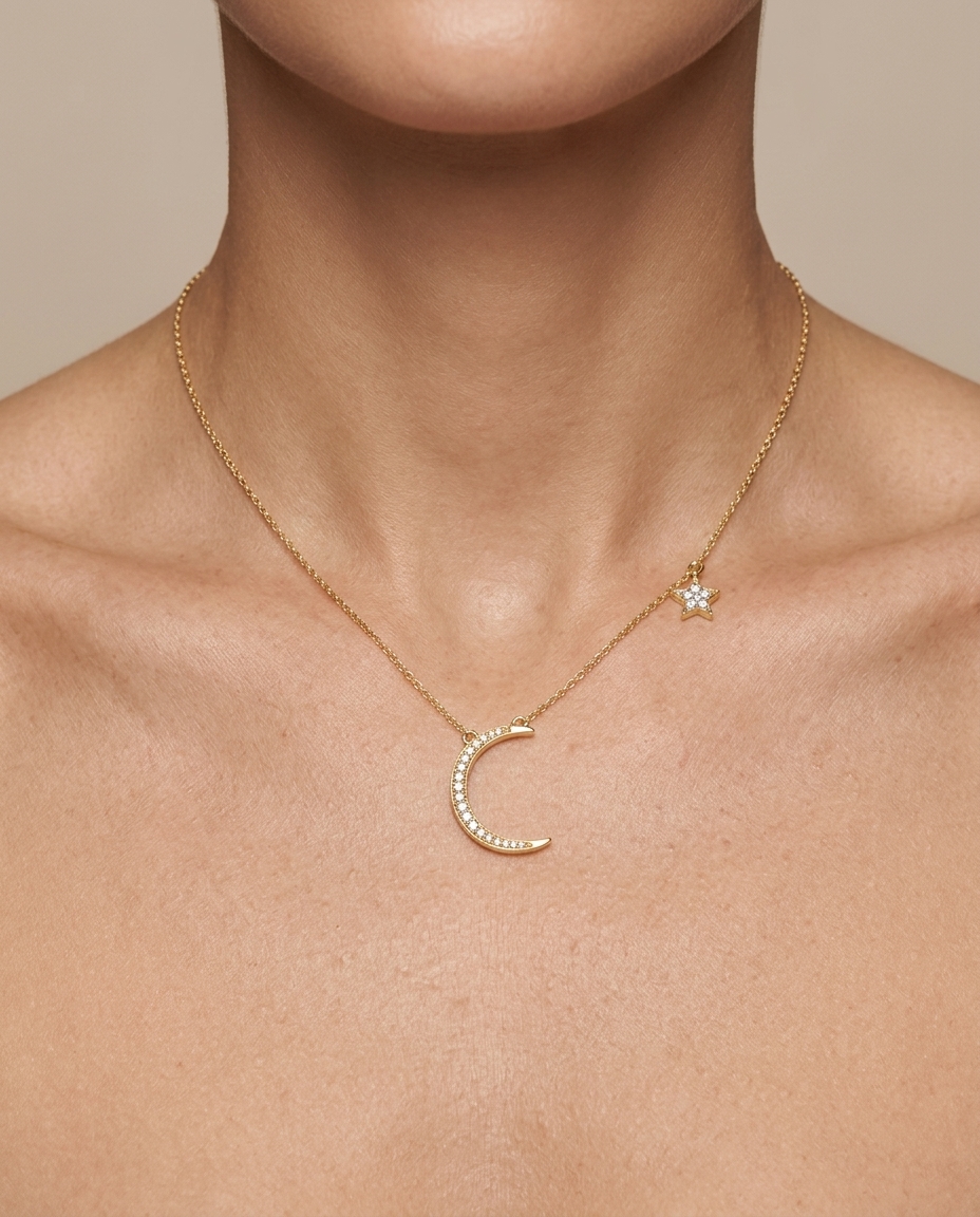 14KT Yellow Gold Diamond Star Moon Necklace on model