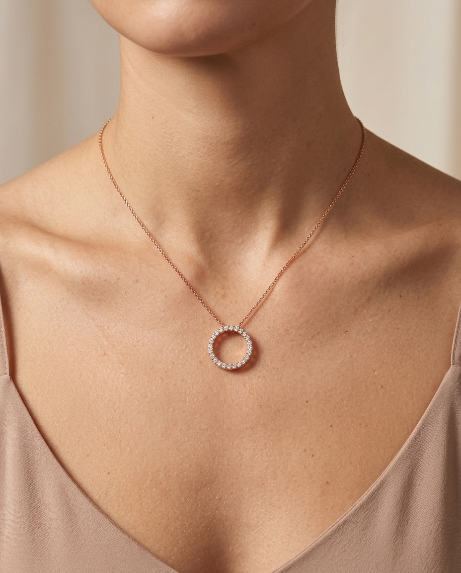 14KT Rose Gold Diamond Open Circle Necklace on model