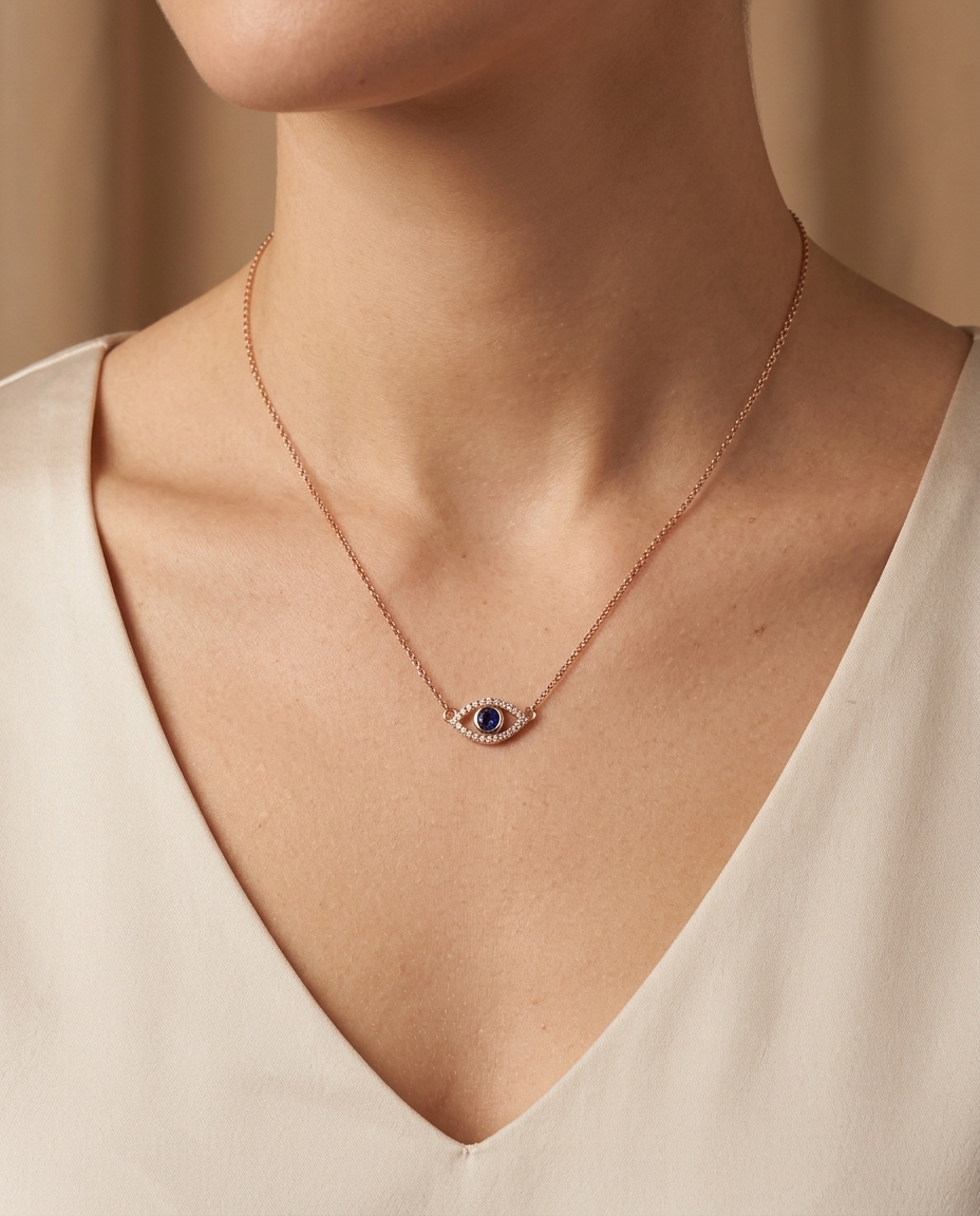 14KT Gold Evil Eye Blue Sapphire Pendant with Diamonds on model