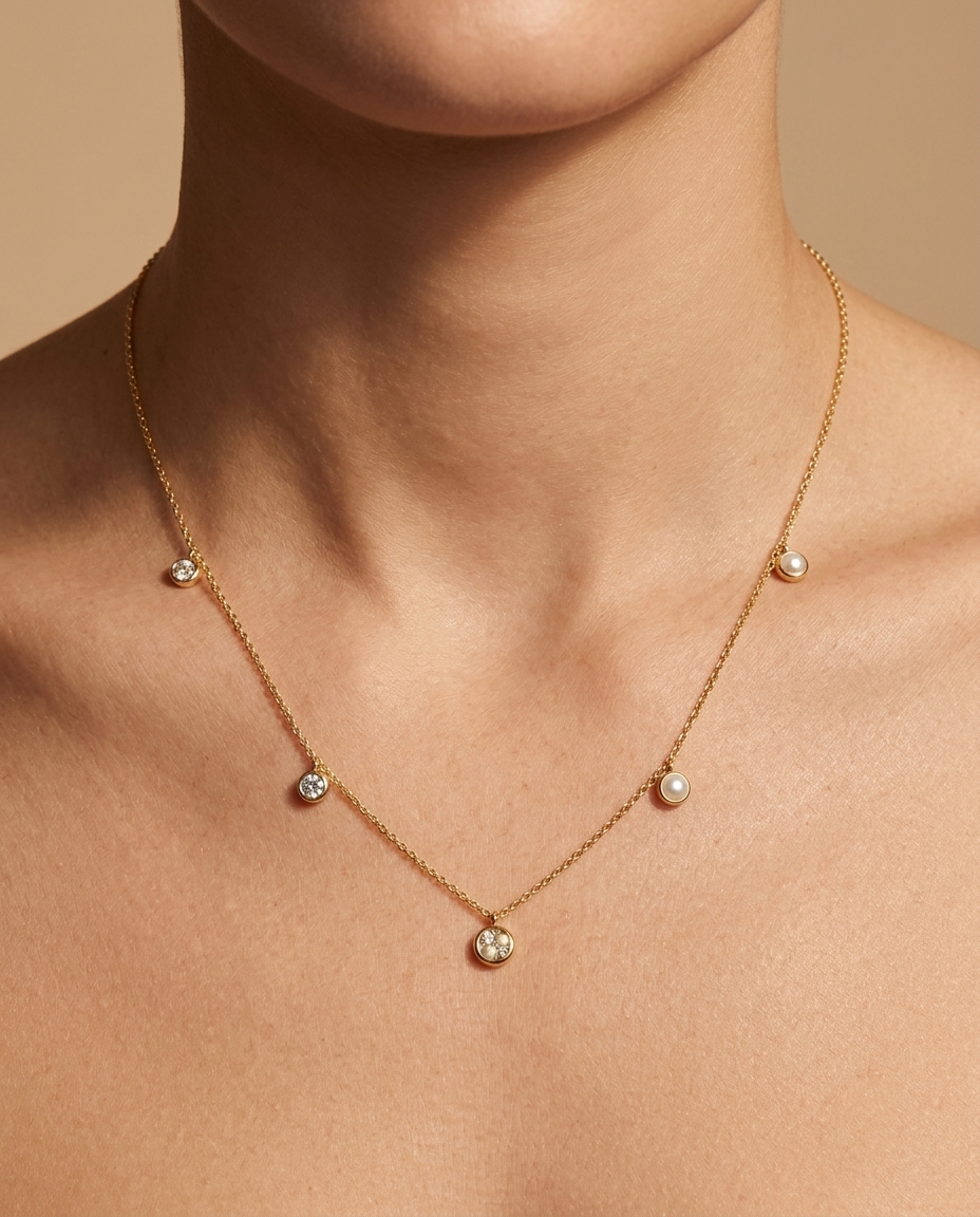 14KT Gold Diamond Dangling Necklace on model