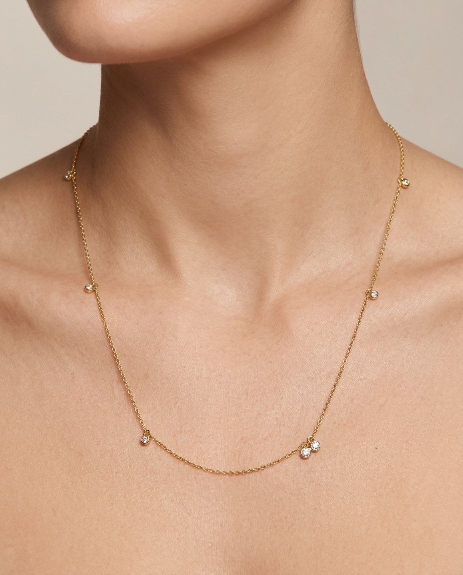 14KT Gold Diamond Dangling Necklace on model