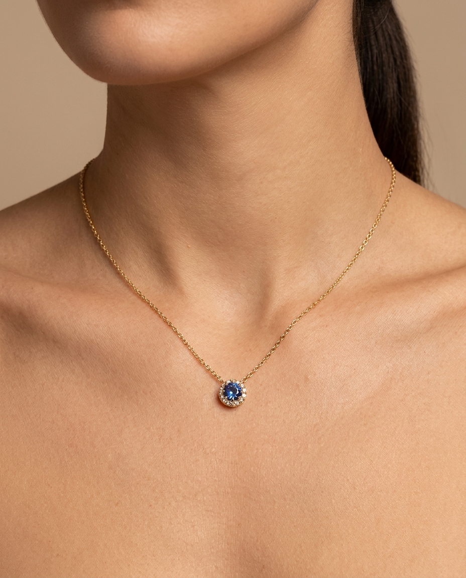 14KT Yellow Gold Diamond and Blue Sapphire Necklace (Copy) on model