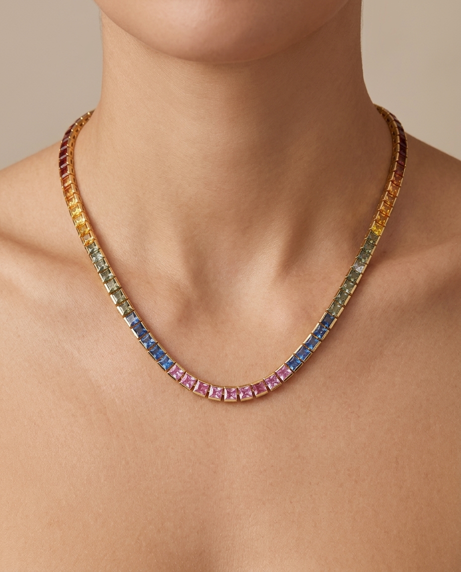 14KT Gold Rainbow Sapphire Necklace on model