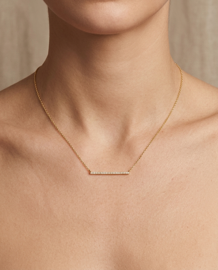 18KT Gold Diamond Bar (29MM) Necklace on model