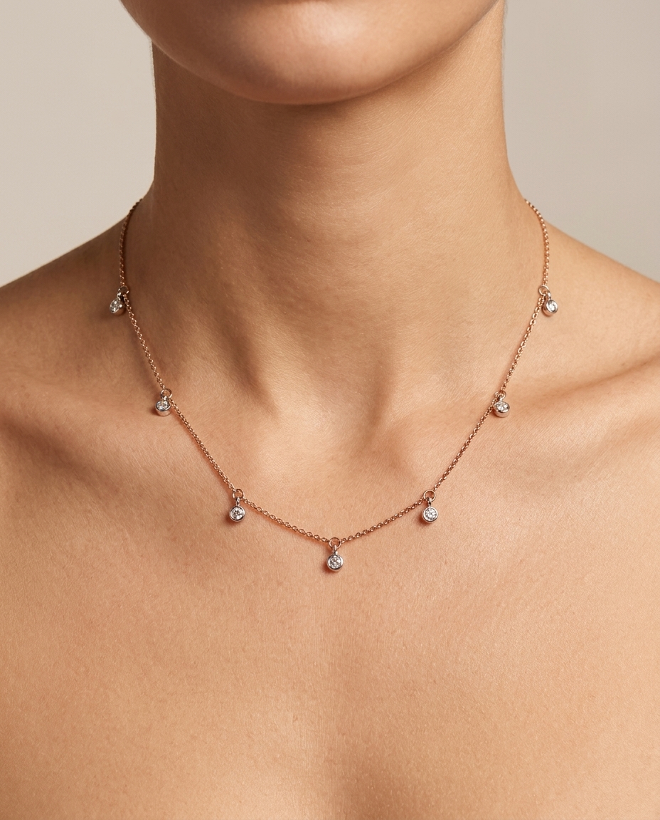 14KT Gold Diamond Dangling Necklace on model