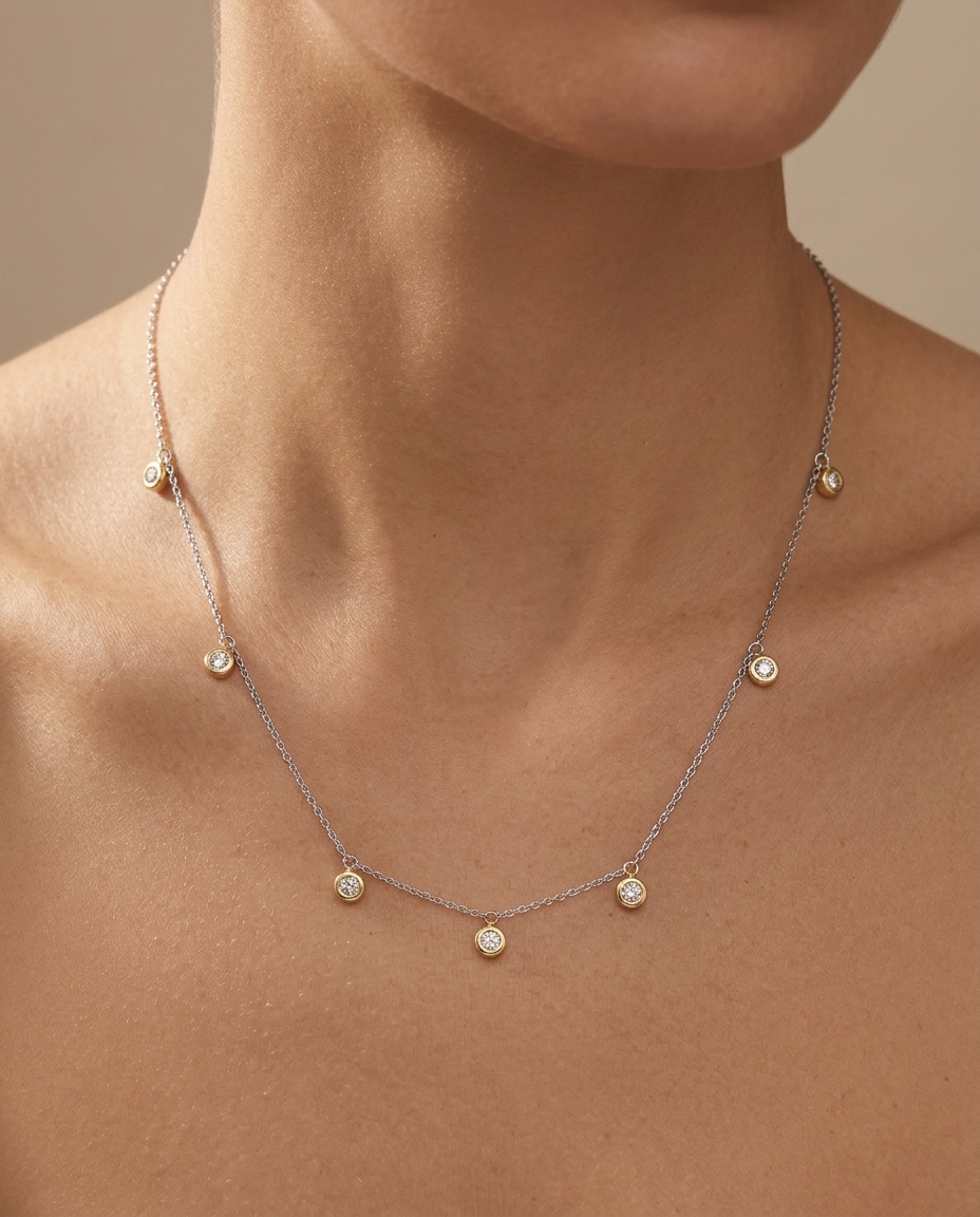 14KT Gold Diamond Dangling Necklace on model