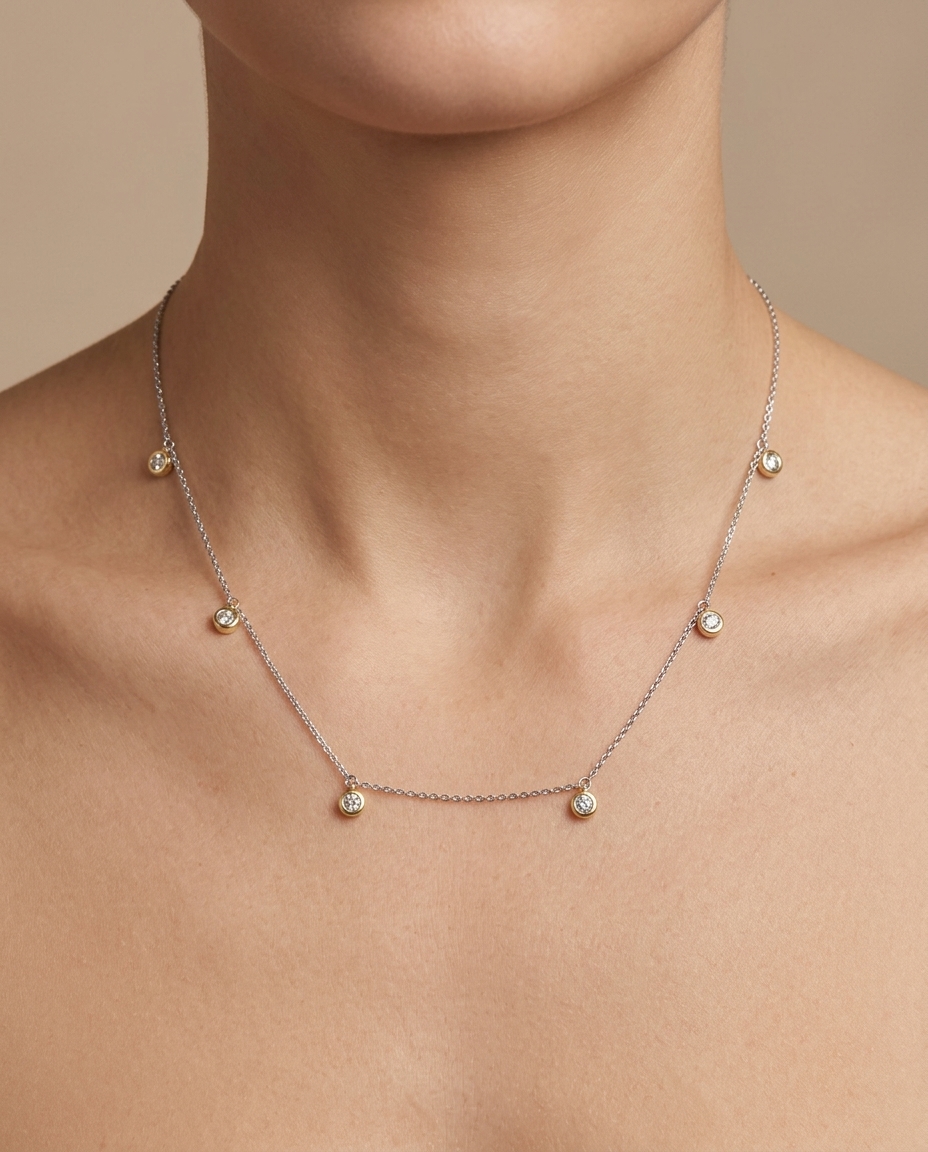 14KT Gold Diamond Dangling Necklace on model
