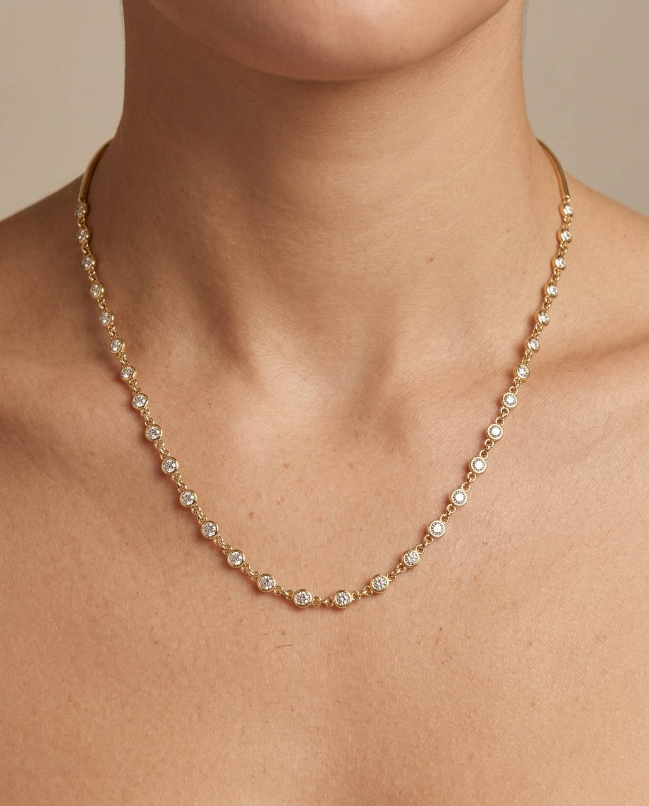 14KT Gold Diamond Bezel Necklace on model