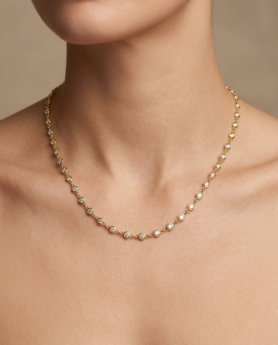 14KT Gold Diamond Bezel Necklace on model