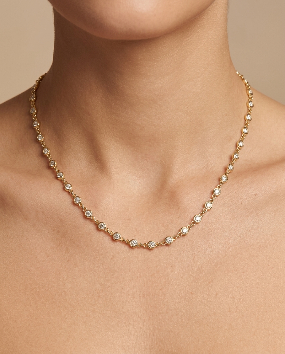 14KT Gold Diamond Bezel Necklace on model