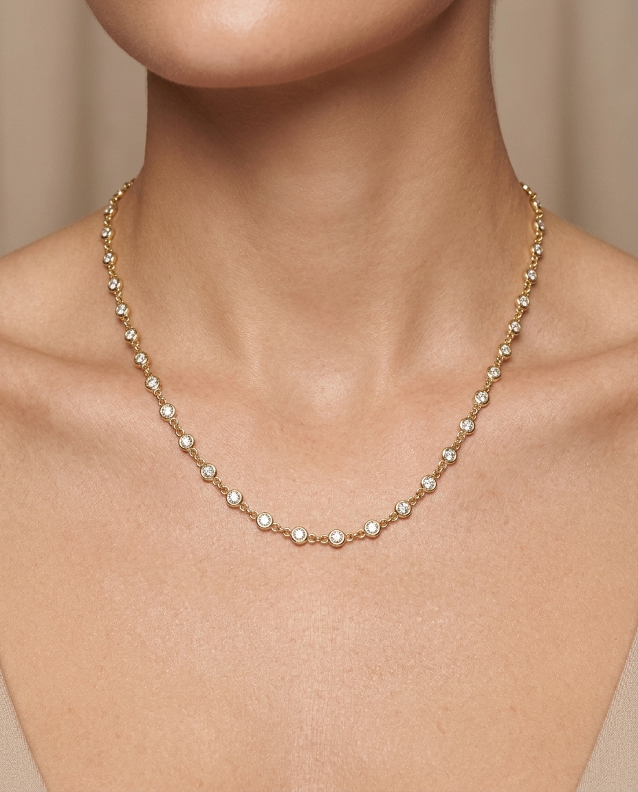14KT Gold Diamond Bezel Necklace on model