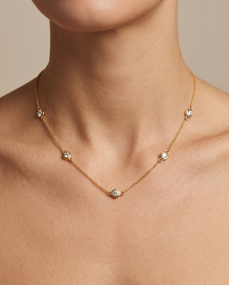 14KT Gold Diamond Station Necklace on model