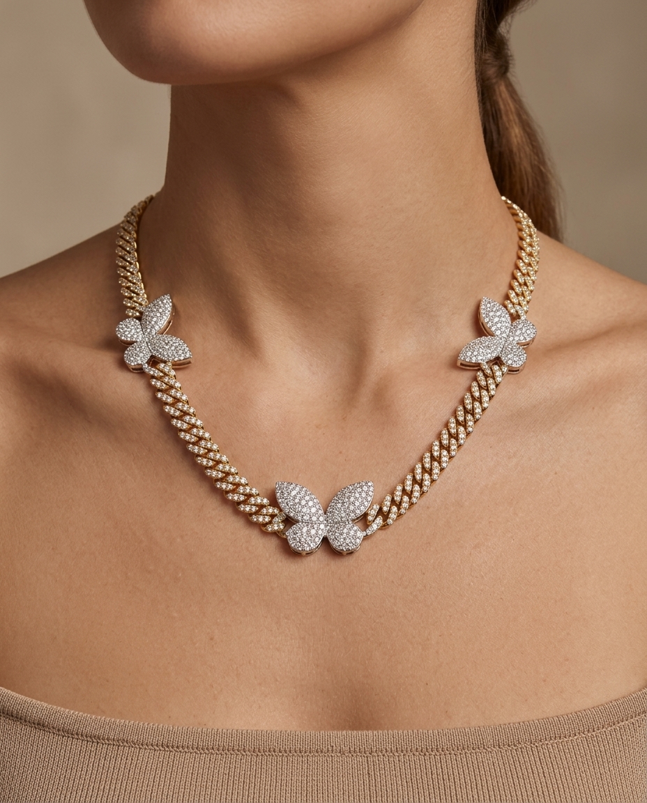 14KT Diamond Cuban with Butterfly Necklace on model