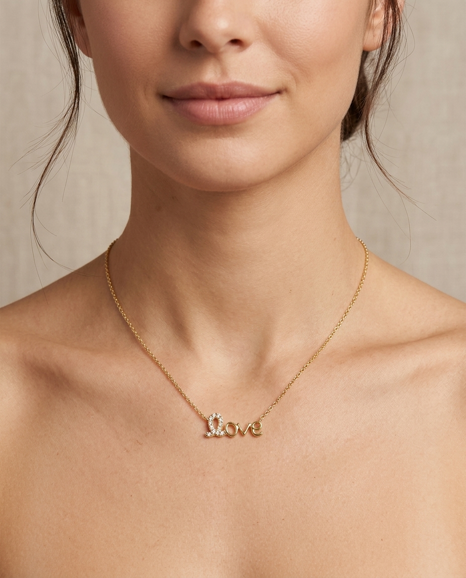 18KT Gold Diamond Love Necklace on model