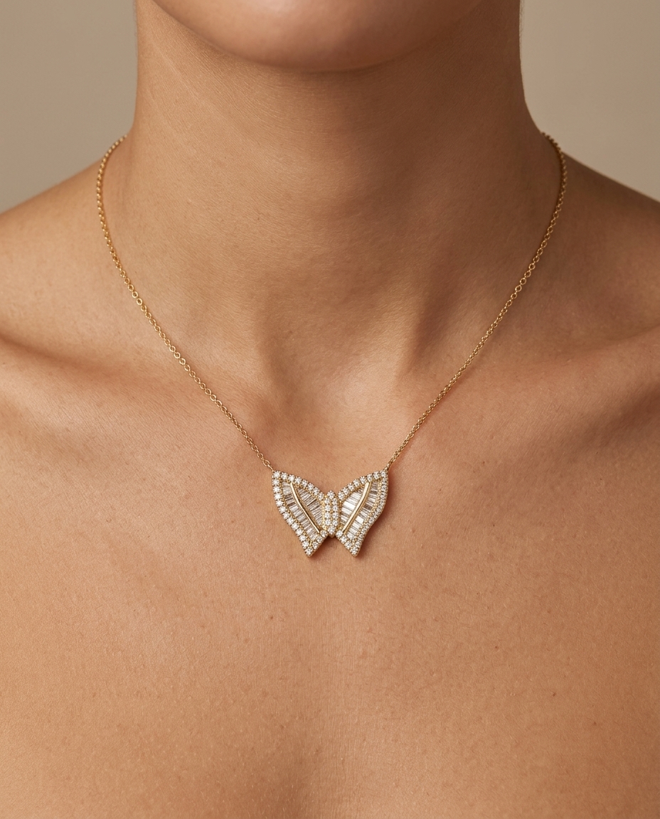 14KT Yellow Gold Butterfly Diamond Necklace on model