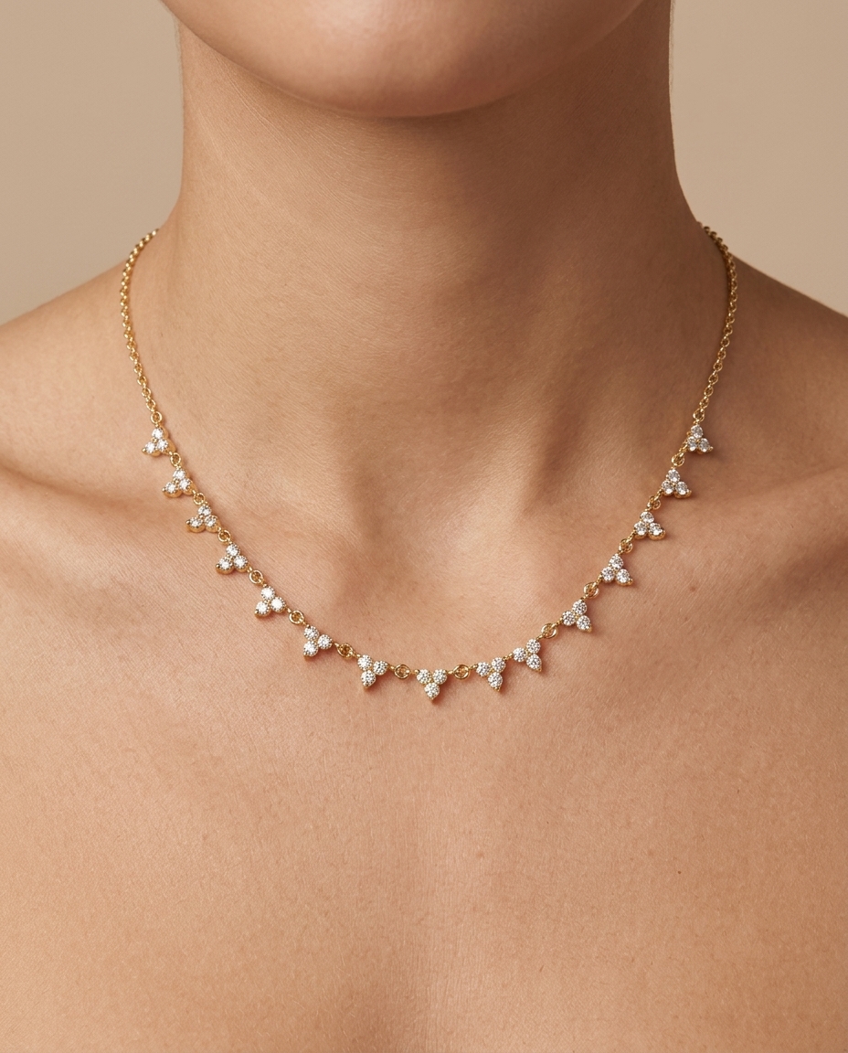 14KT Yellow Gold Diamond Trio Tennis Necklace on model