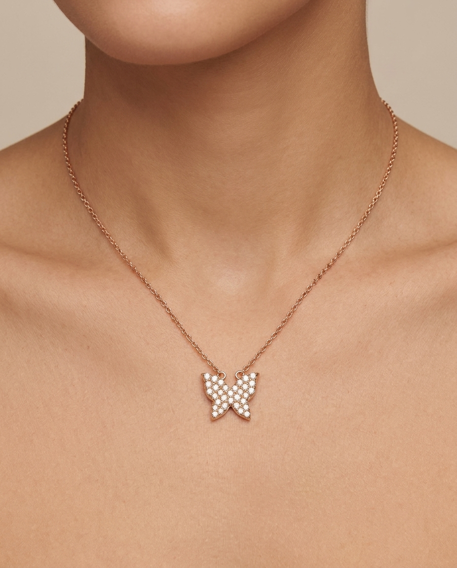 14KT Diamond Butterfly Necklace on model