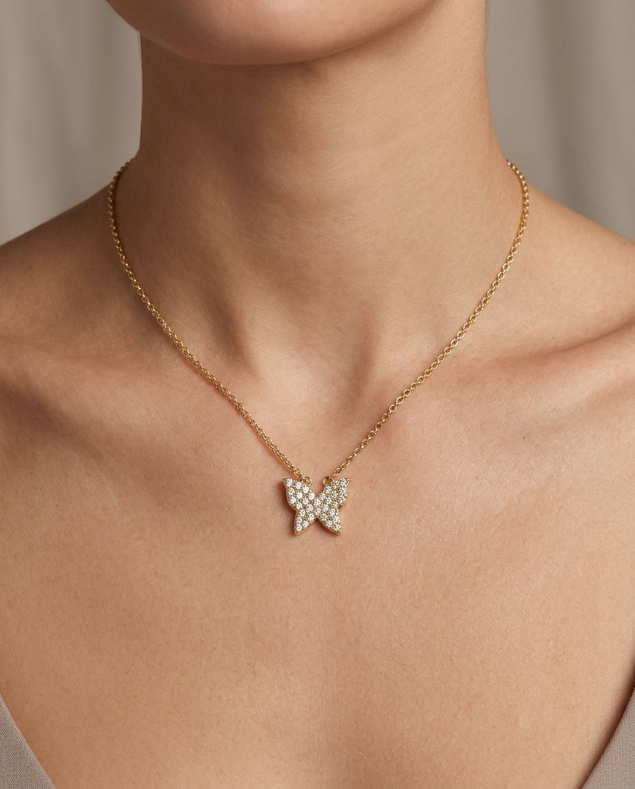14KT Diamond Butterfly Necklace on model