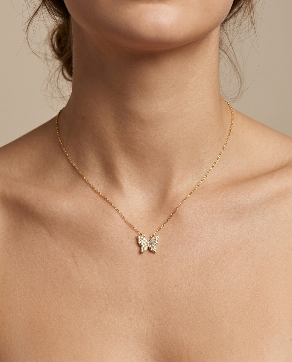 18KT Gold Diamond Butterfly Necklace on model