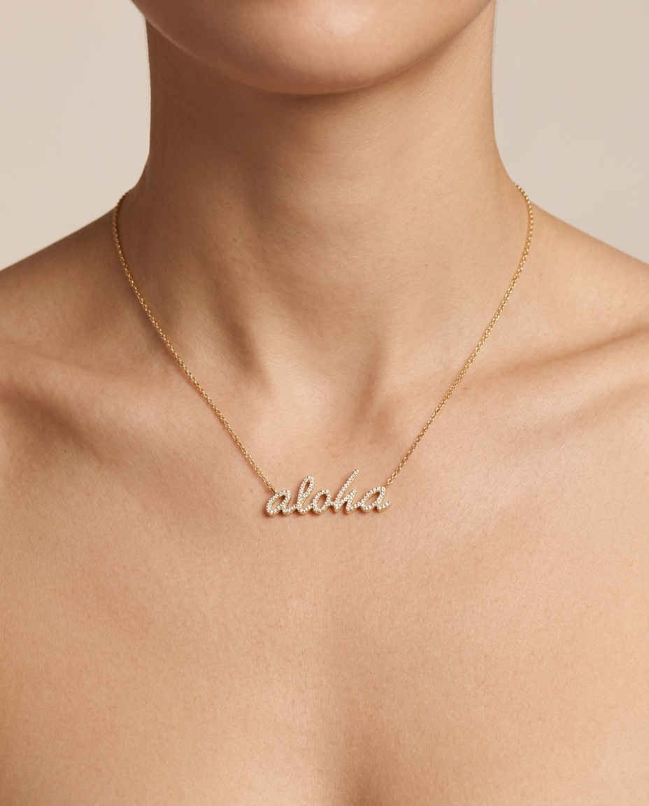 14KT Yellow Gold Diamond Aloha Necklace on model