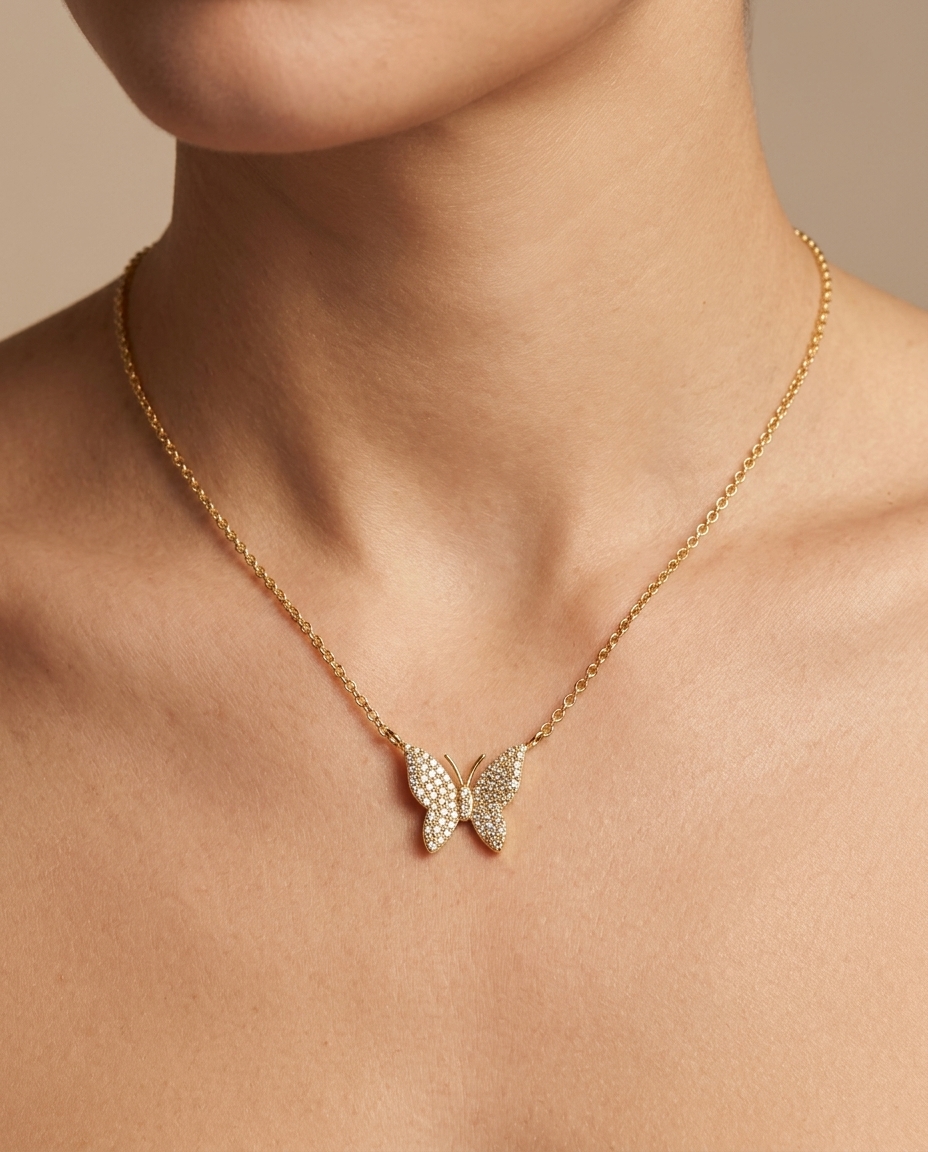 18KT Gold Diamond Butterfly Necklace on model