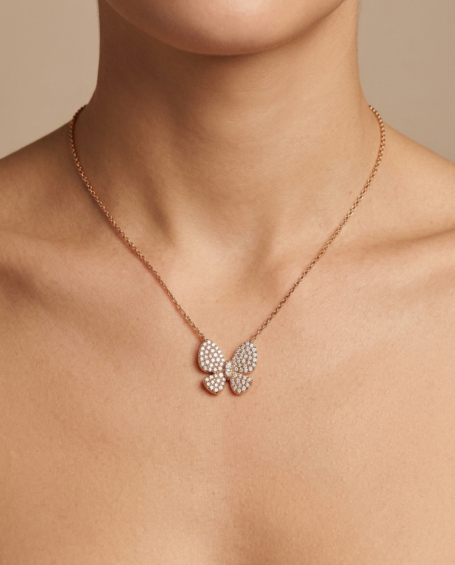 Diamond Butterfly Necklace on model