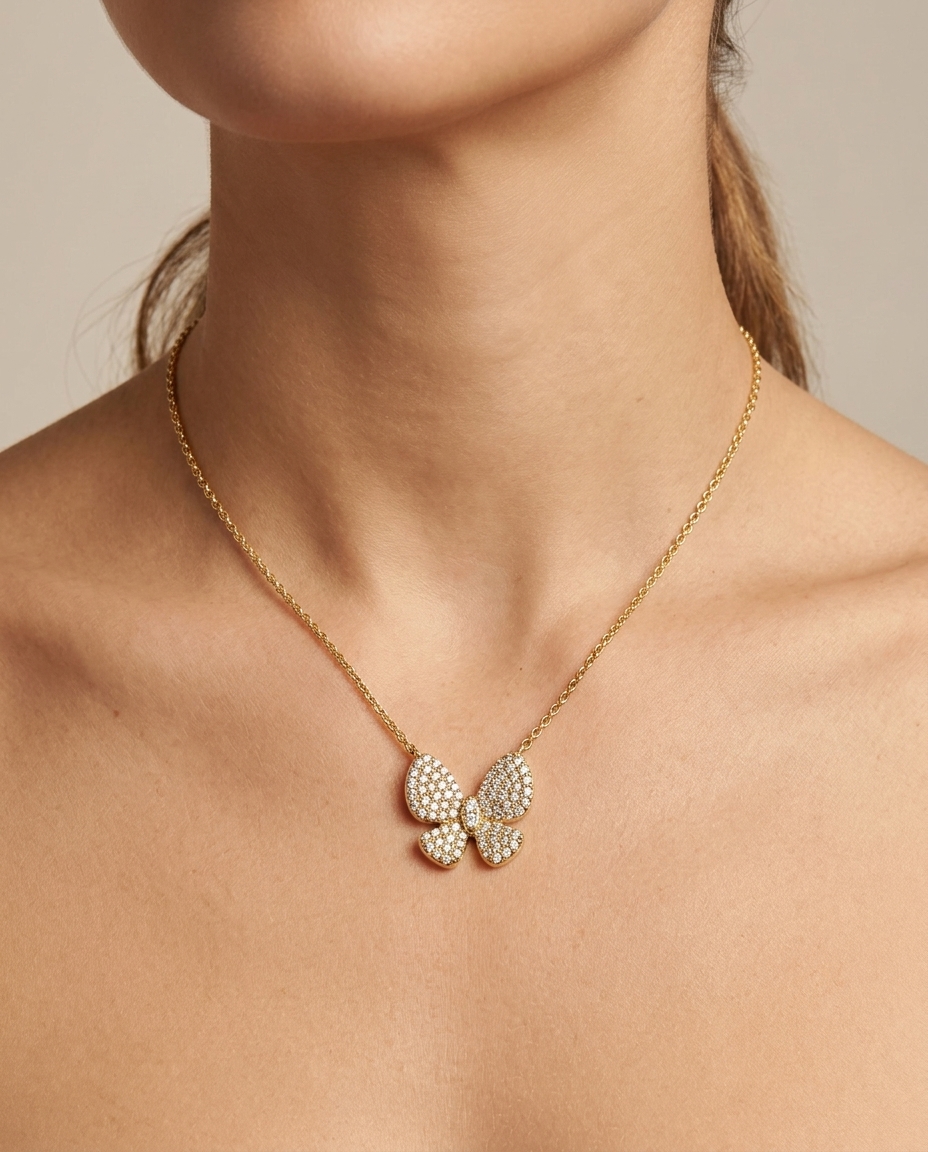 Diamond Butterfly Necklace on model