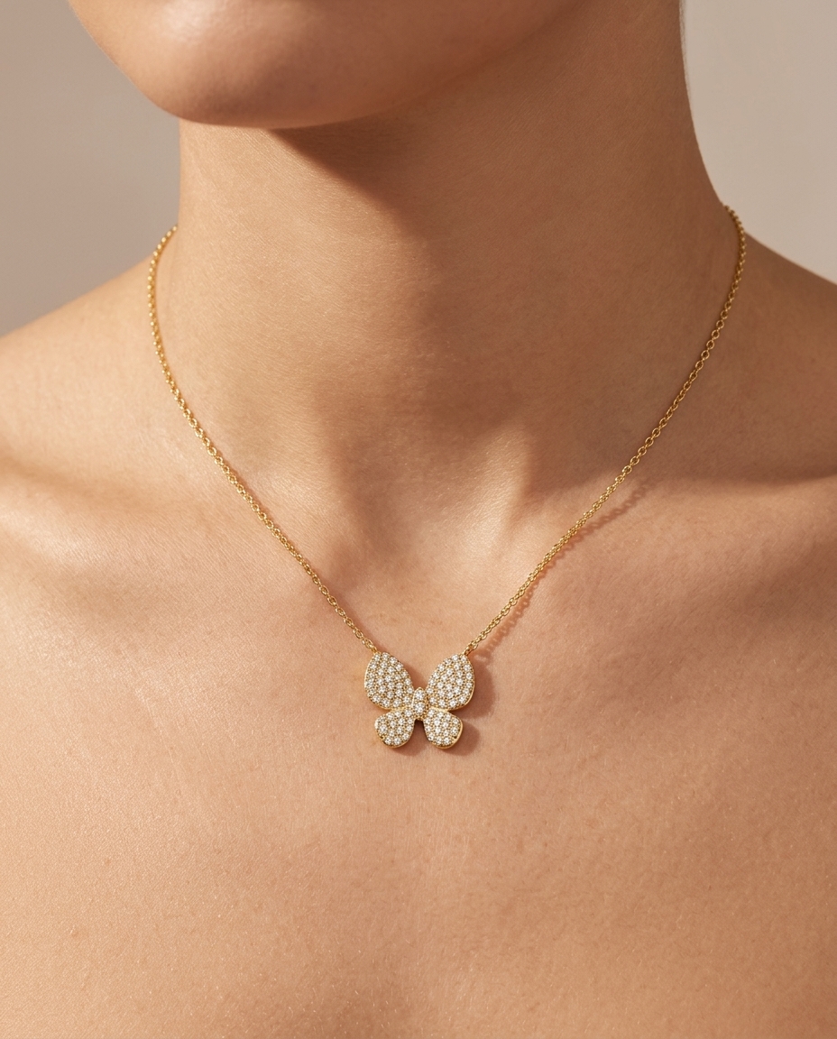 18KT Gold Diamond Butterfly Necklace on model