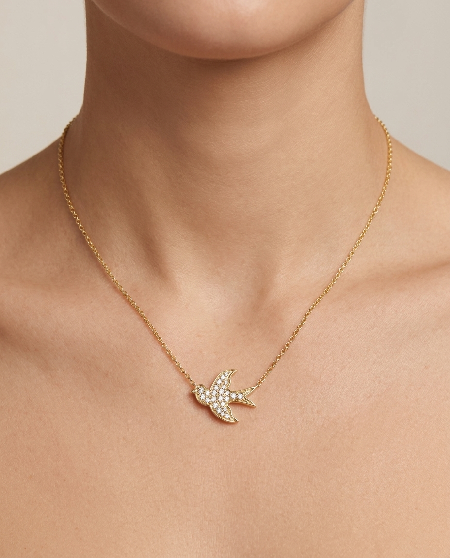 18KT Gold Diamond Bird Necklace on model