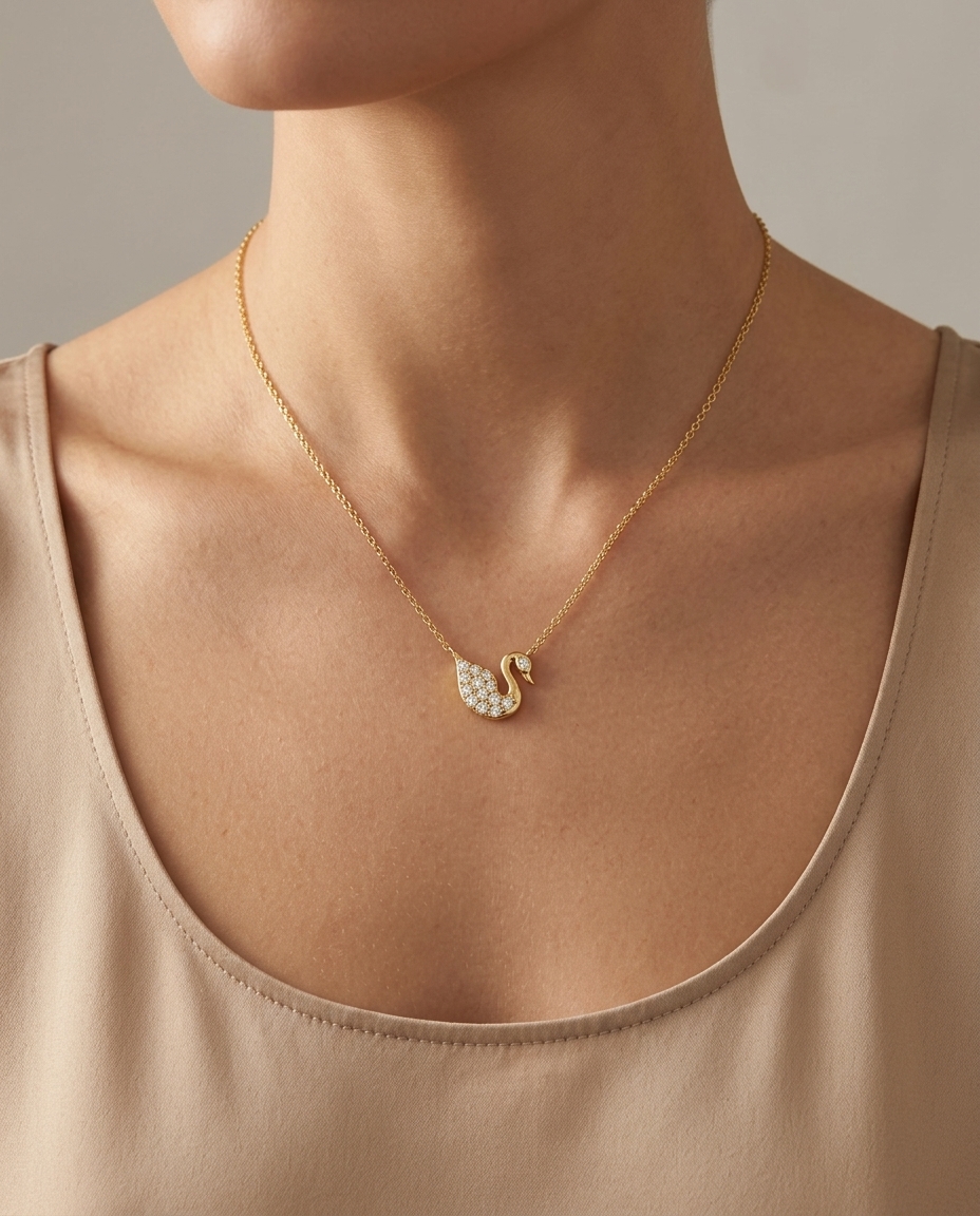 18KT Gold Diamond Duck Necklace on model