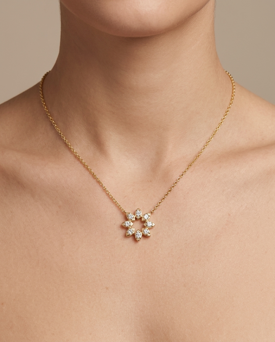 18KT Gold Diamond Flower Necklace on model