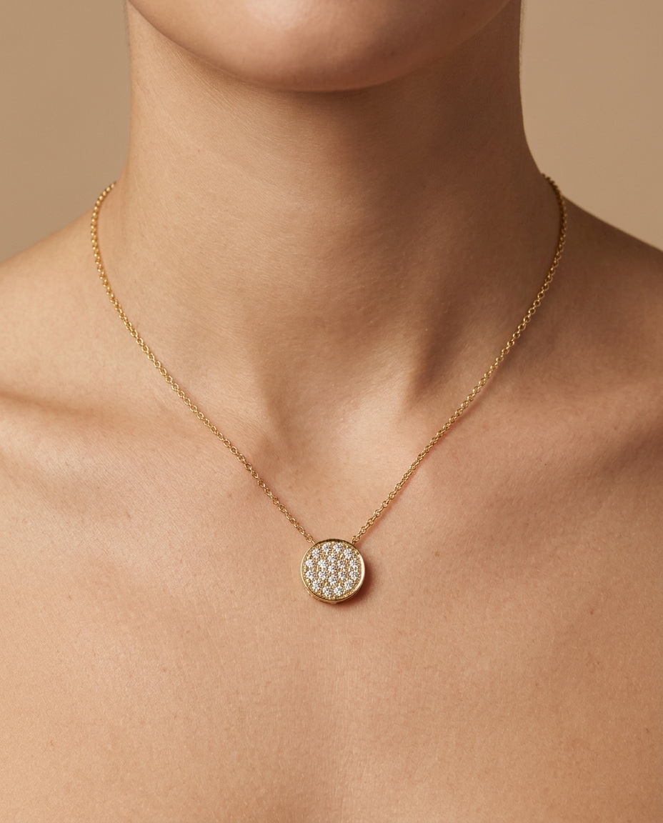 18KT Gold Diamond Round Necklace on model