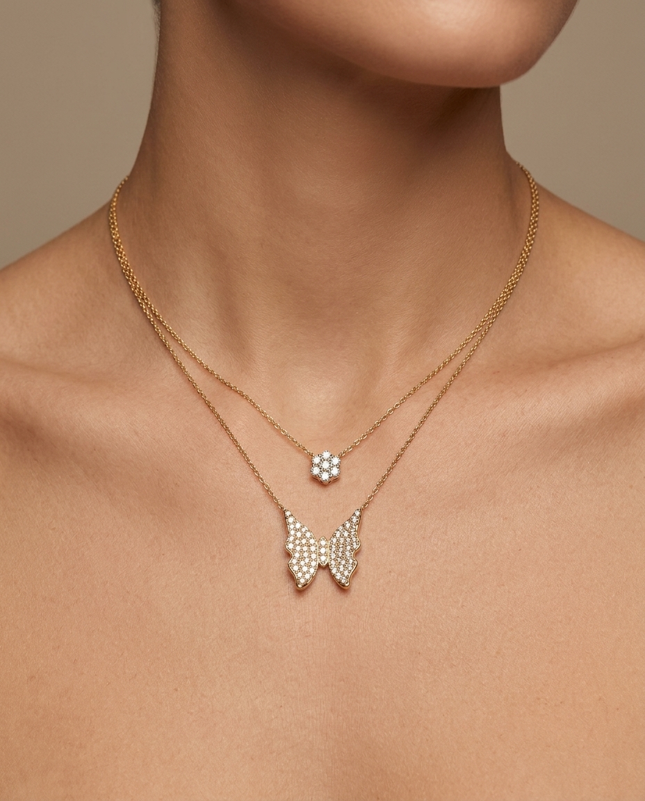 18KT Gold Diamond Butterfly and Round Double Necklace on model